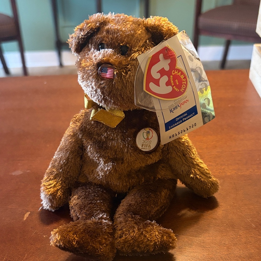 Ty Brown 2002 FIFA Korea and Japan Stuffed Bear with Yellow Bow